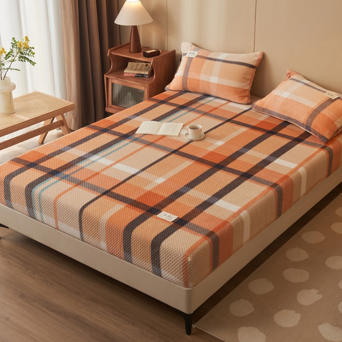 91家纺网 家纺一手货源 找家纺 早晨家纺 2025新款豆豆款高克重牛奶绒菠萝格无印风床笠 豆豆绒-大格橙