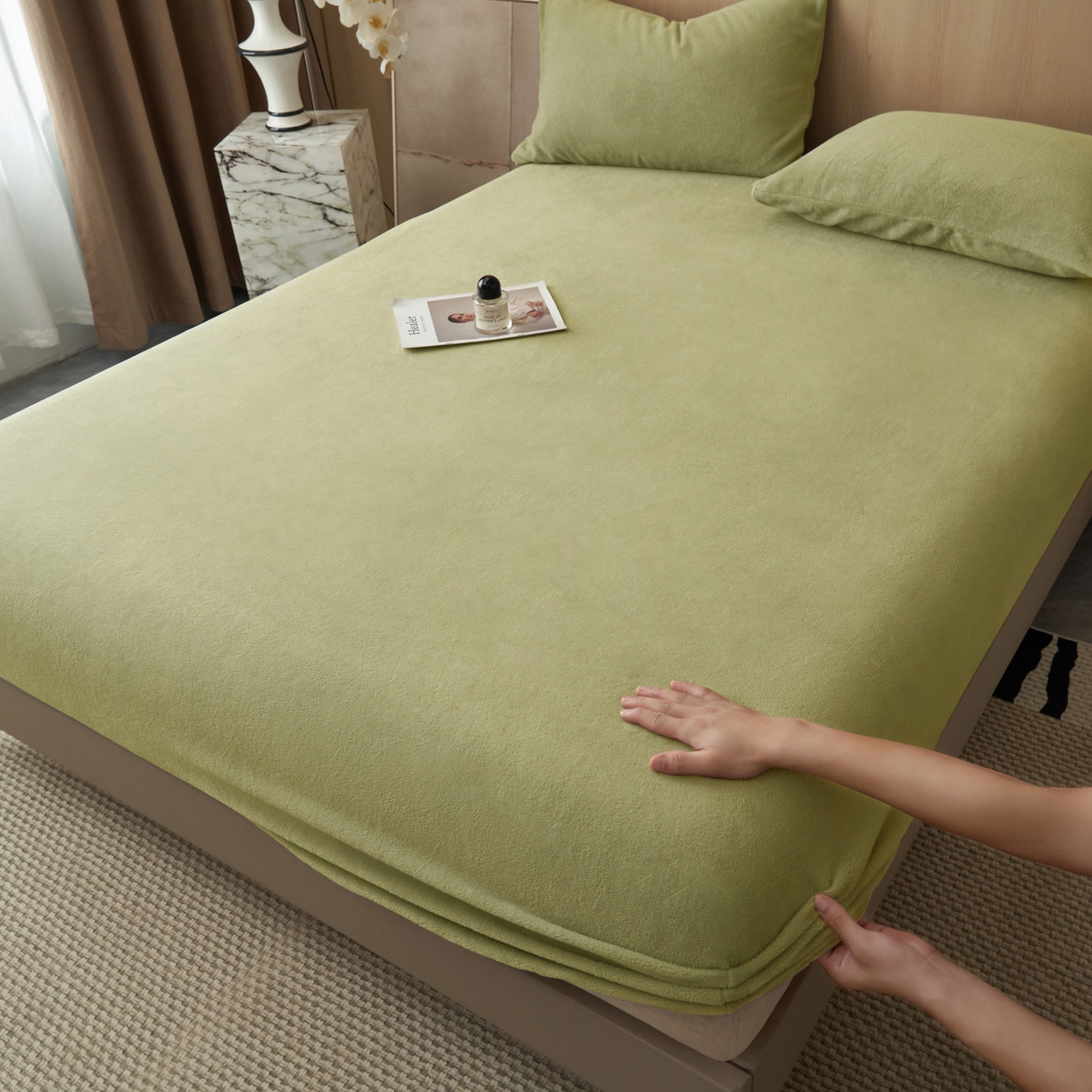 91家纺网 家纺一手货源 找家纺 早晨家纺 2025新款高克重牛奶绒纯色单床笠 牛奶绒-草绿