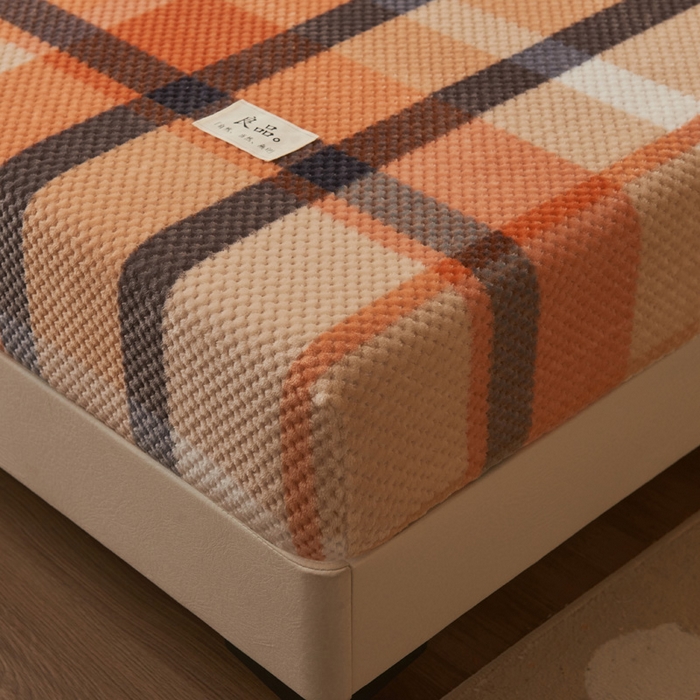 91家纺网 家纺一手货源 找家纺 早晨家纺 2025新款豆豆款高克重牛奶绒菠萝格无印风床笠 豆豆绒-大格橙