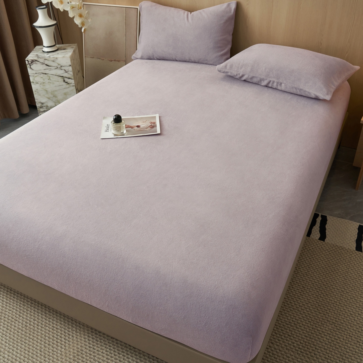 91家纺网 家纺一手货源 找家纺 早晨家纺 2025新款高克重牛奶绒纯色单床笠 牛奶绒-浅紫