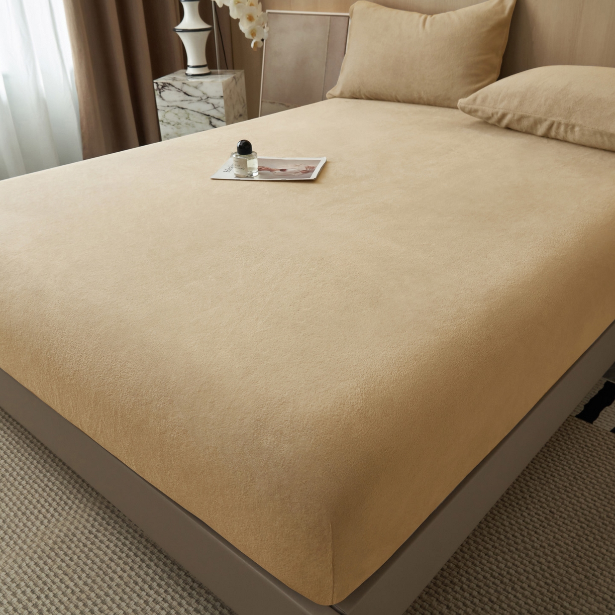 91家纺网 家纺一手货源 找家纺 早晨家纺 2025新款高克重牛奶绒纯色单床笠 牛奶绒-米驼