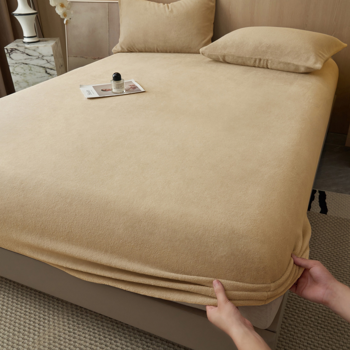 91家纺网 家纺一手货源 找家纺 早晨家纺 2025新款高克重牛奶绒纯色单床笠 牛奶绒-米驼