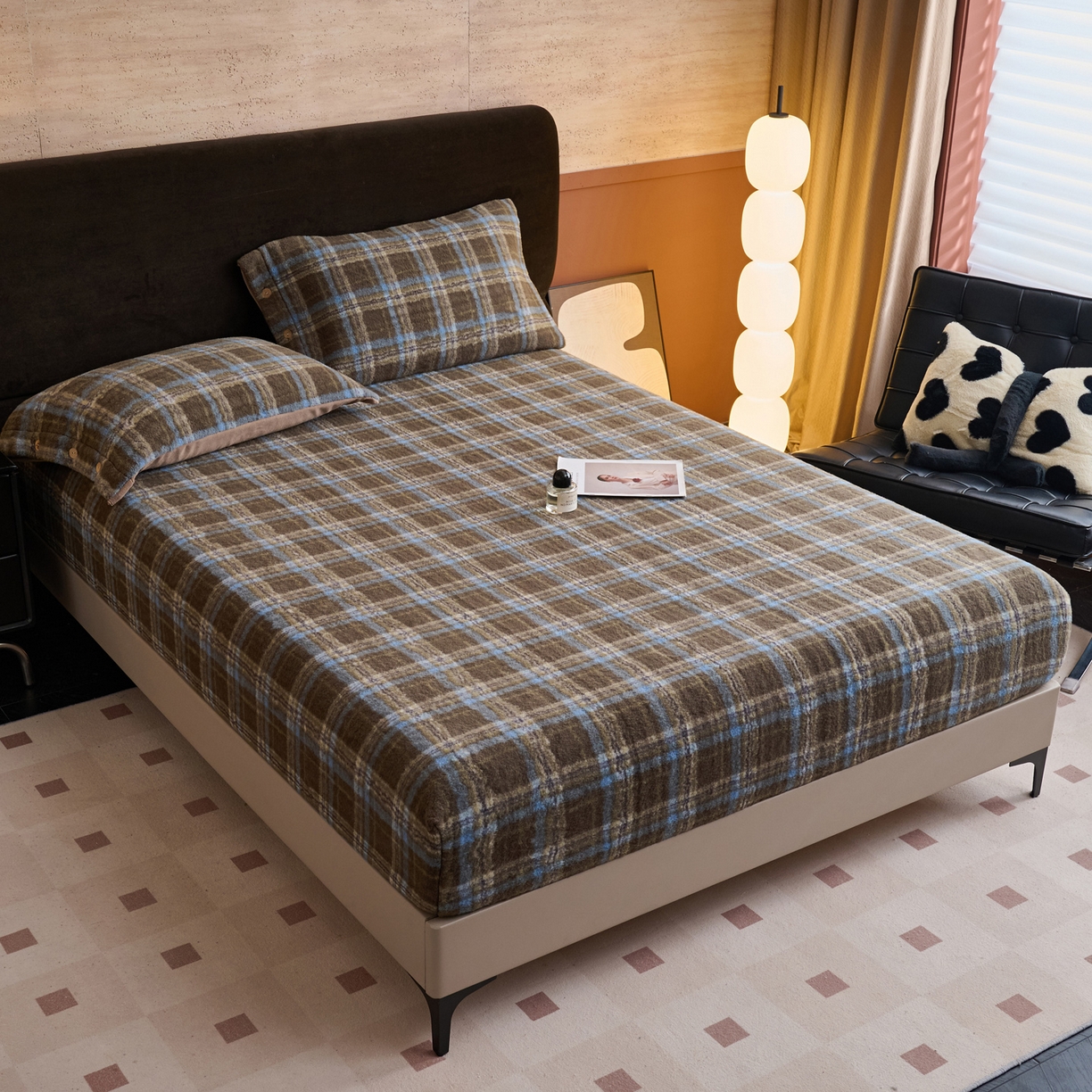 91家纺网 家纺一手货源 找家纺 早晨家纺 2025新款230g羊驼绒复古格牛奶绒床笠 维系咖格