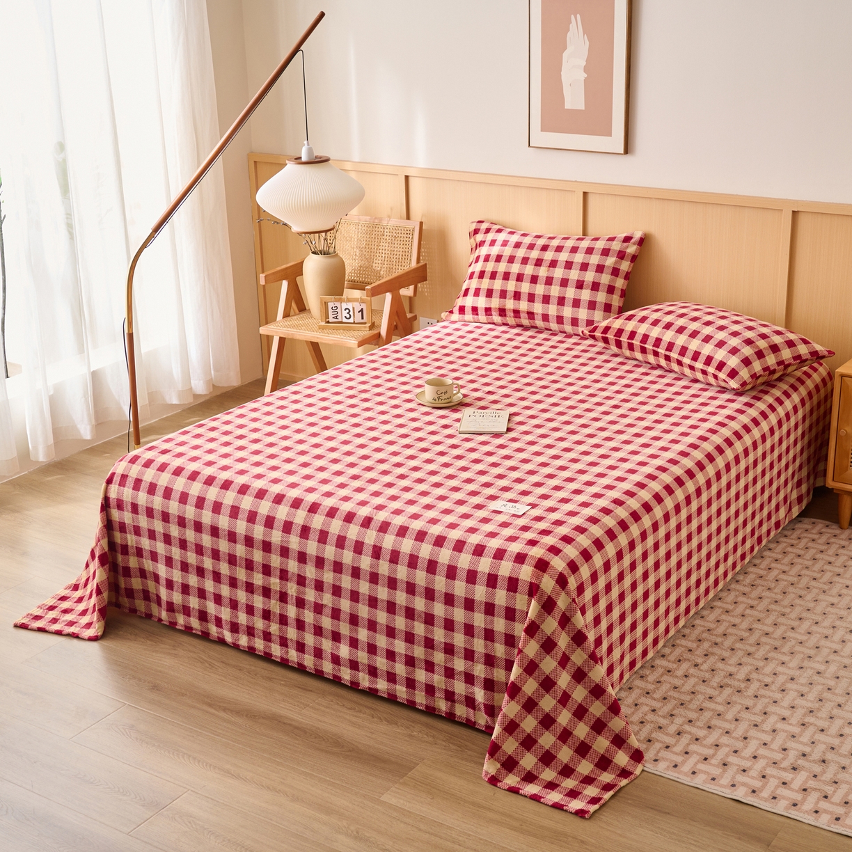 91家纺网 家纺一手货源 找家纺 早晨家纺 2025新款野牧款高克重牛奶绒印花单床单系列 野牧-红小格