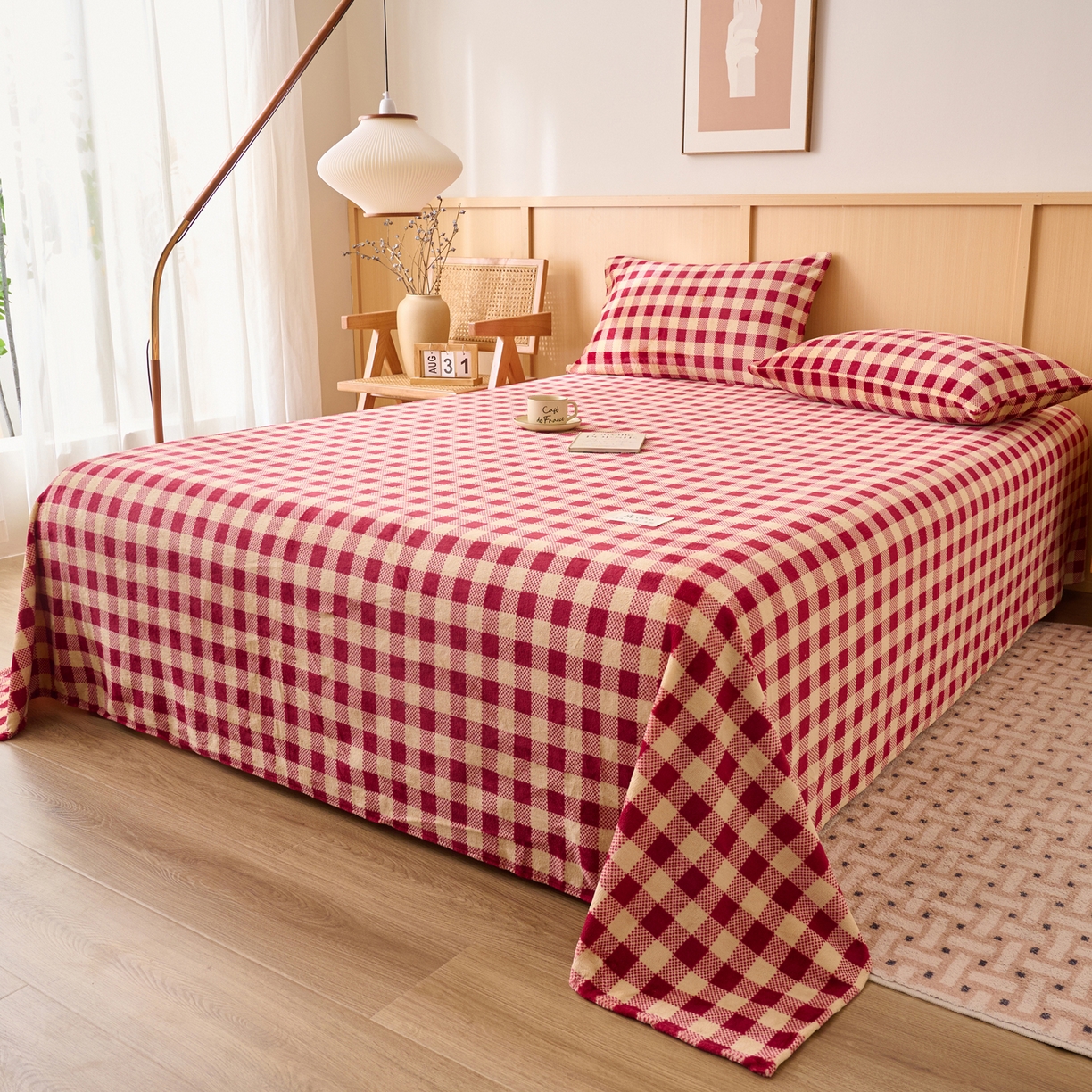 91家纺网 家纺一手货源 找家纺 早晨家纺 2025新款野牧款高克重牛奶绒印花单床单系列 野牧-红小格