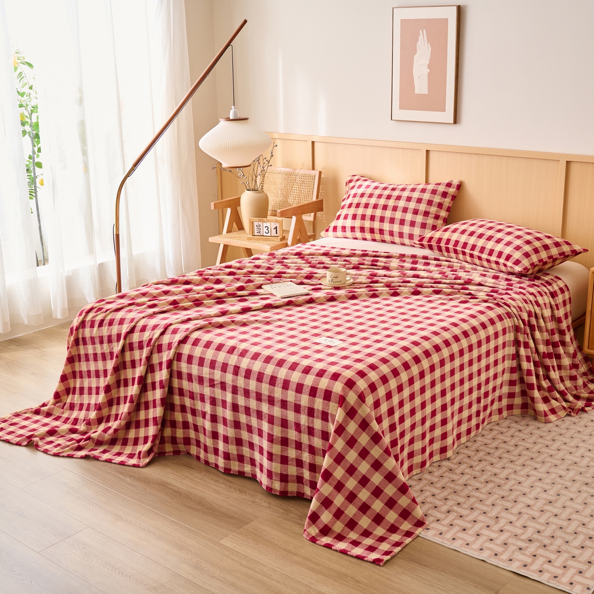 91家纺网 家纺一手货源 找家纺 早晨家纺 2025新款野牧款高克重牛奶绒印花单床单系列 野牧-红小格