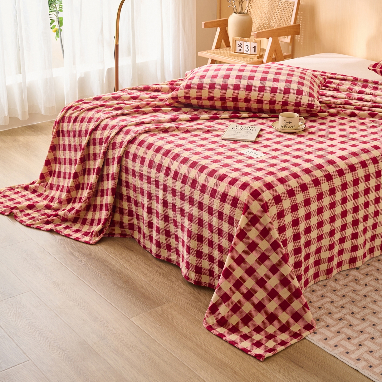 91家纺网 家纺一手货源 找家纺 早晨家纺 2025新款野牧款高克重牛奶绒印花单床单系列 野牧-红小格