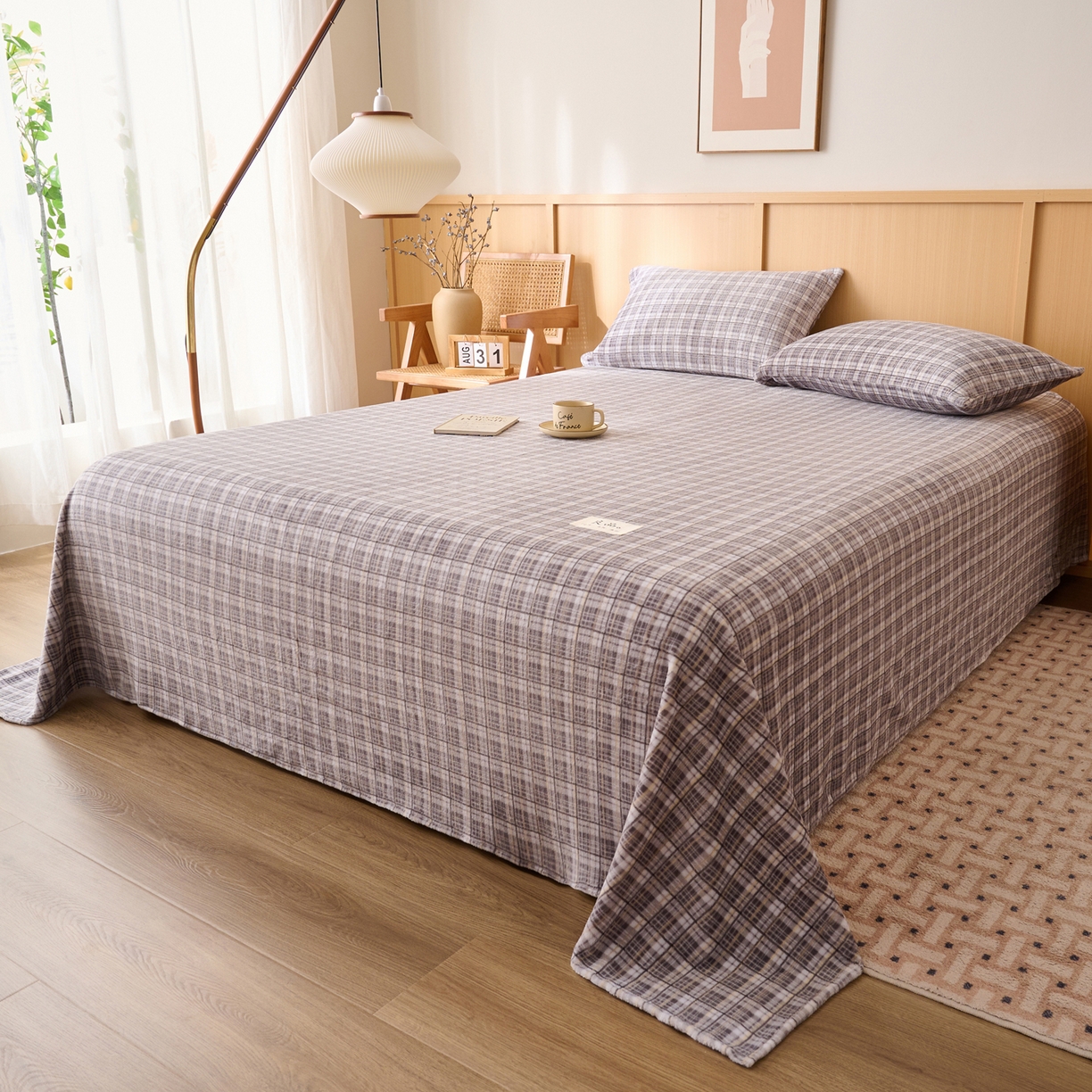 91家纺网 家纺一手货源 找家纺 早晨家纺 2025新款野牧款高克重牛奶绒印花单床单系列 野牧-灰小格