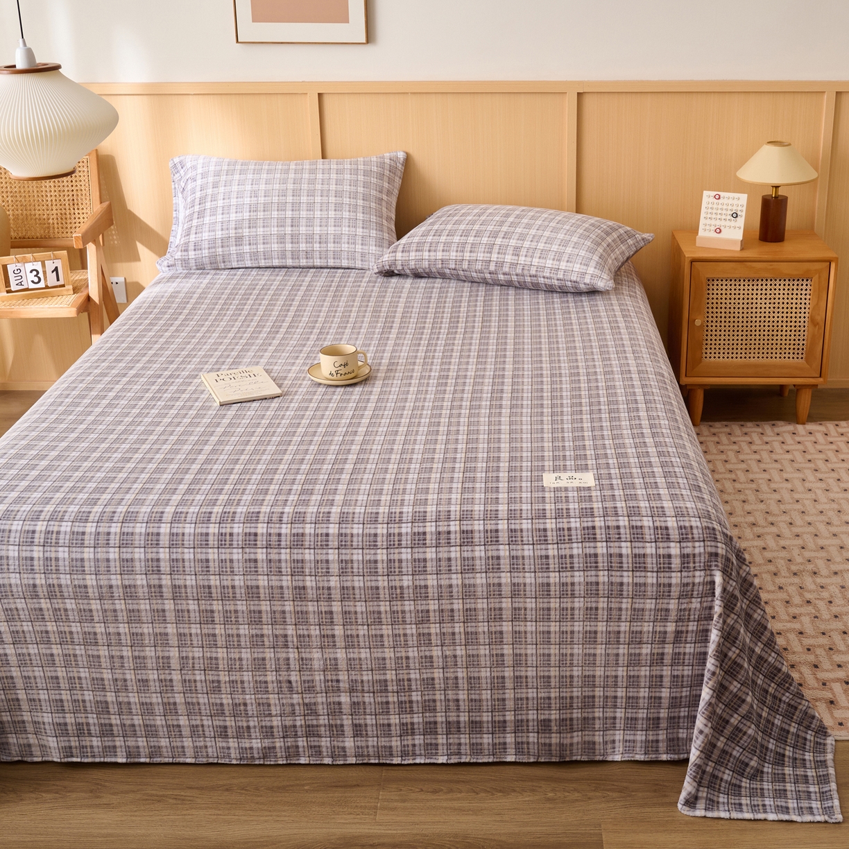 91家纺网 家纺一手货源 找家纺 早晨家纺 2025新款野牧款高克重牛奶绒印花单床单系列 野牧-灰小格