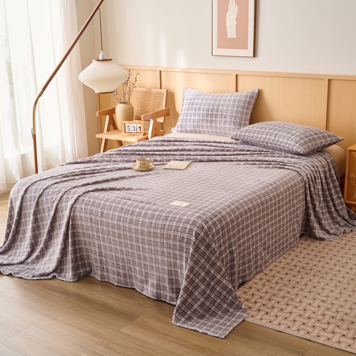 91家纺网 家纺一手货源 找家纺 早晨家纺 2025新款野牧款高克重牛奶绒印花单床单系列 野牧-灰小格