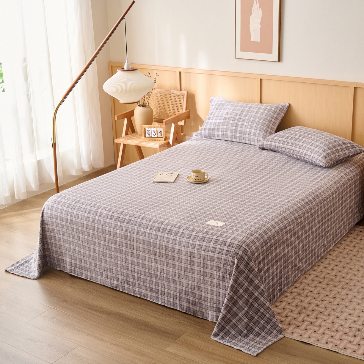 91家纺网 家纺一手货源 找家纺 早晨家纺 2025新款野牧款高克重牛奶绒印花单床单系列 野牧-灰小格