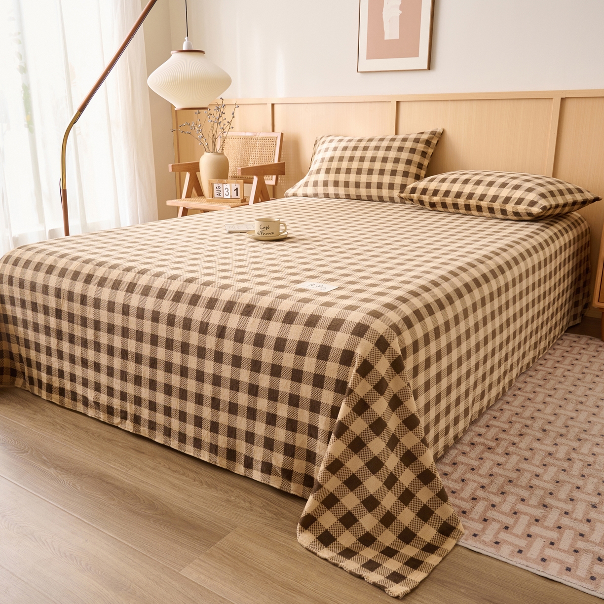 91家纺网 家纺一手货源 找家纺 早晨家纺 2025新款野牧款高克重牛奶绒印花单床单系列 野牧-咖小格