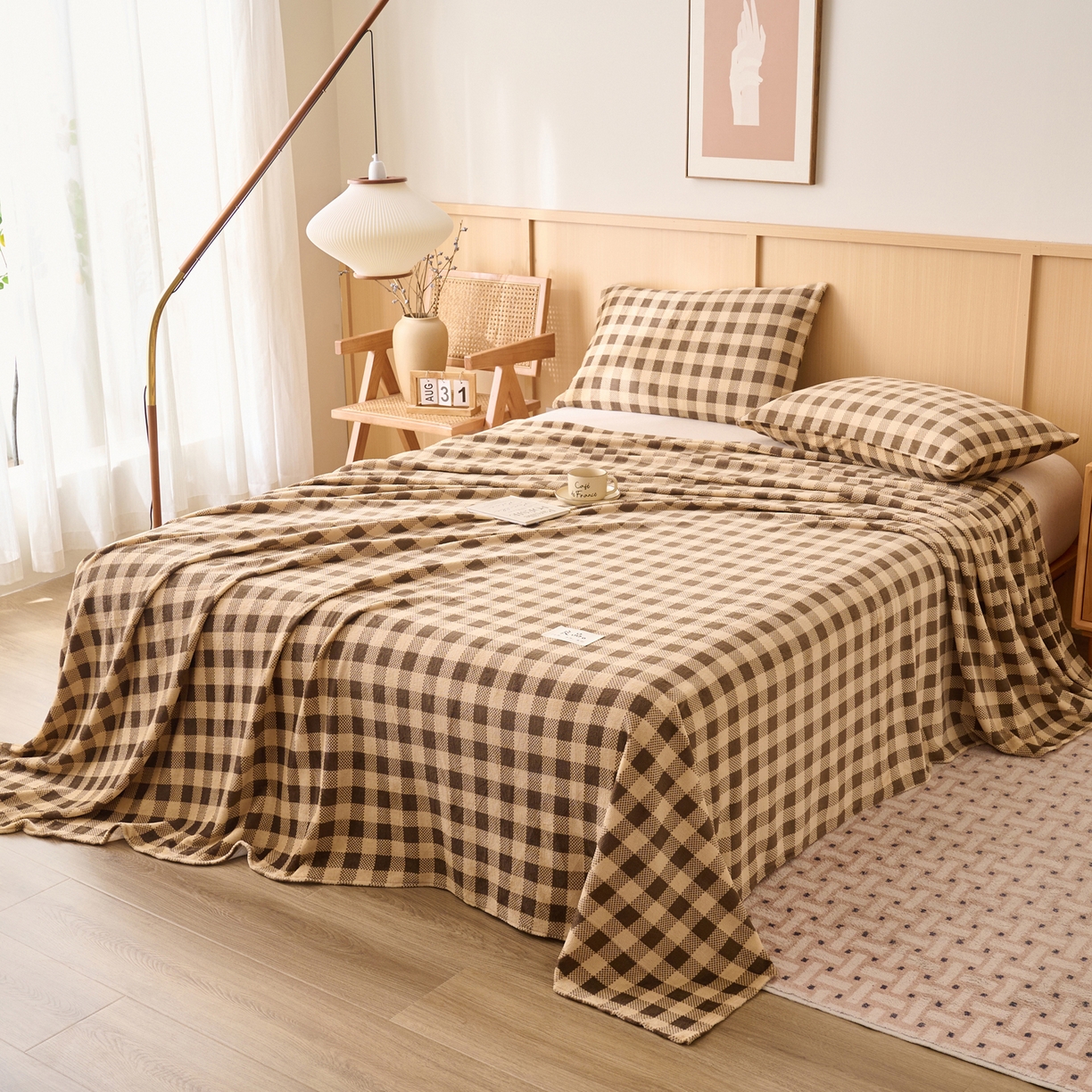 91家纺网 家纺一手货源 找家纺 早晨家纺 2025新款野牧款高克重牛奶绒印花单床单系列 野牧-咖小格