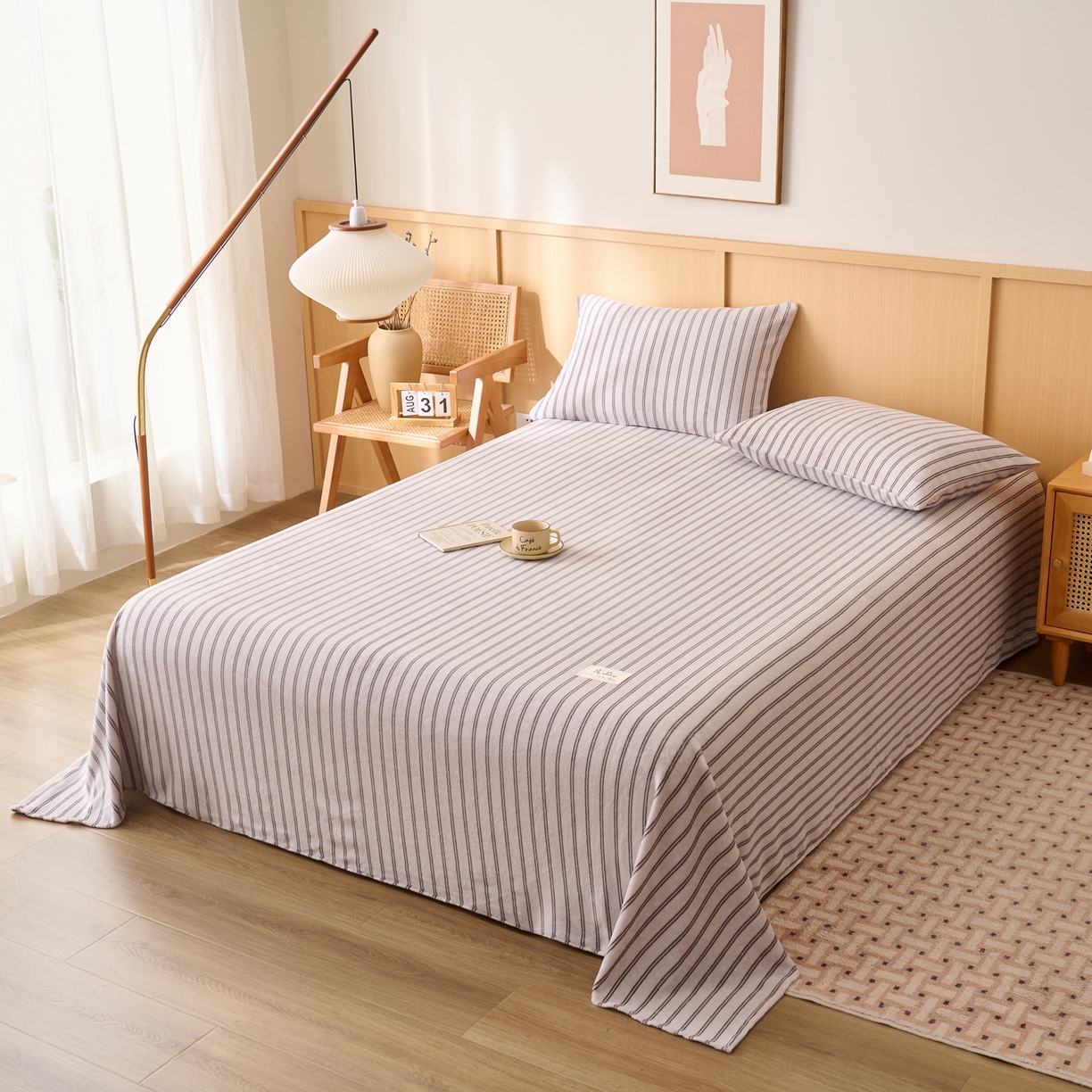 91家纺网 家纺一手货源 找家纺 早晨家纺 2025新款野牧款高克重牛奶绒印花单床单系列 野牧-竖条白