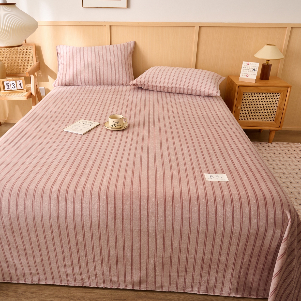 91家纺网 家纺一手货源 找家纺 早晨家纺 2025新款野牧款高克重牛奶绒印花单床单系列 野牧-竖条咖