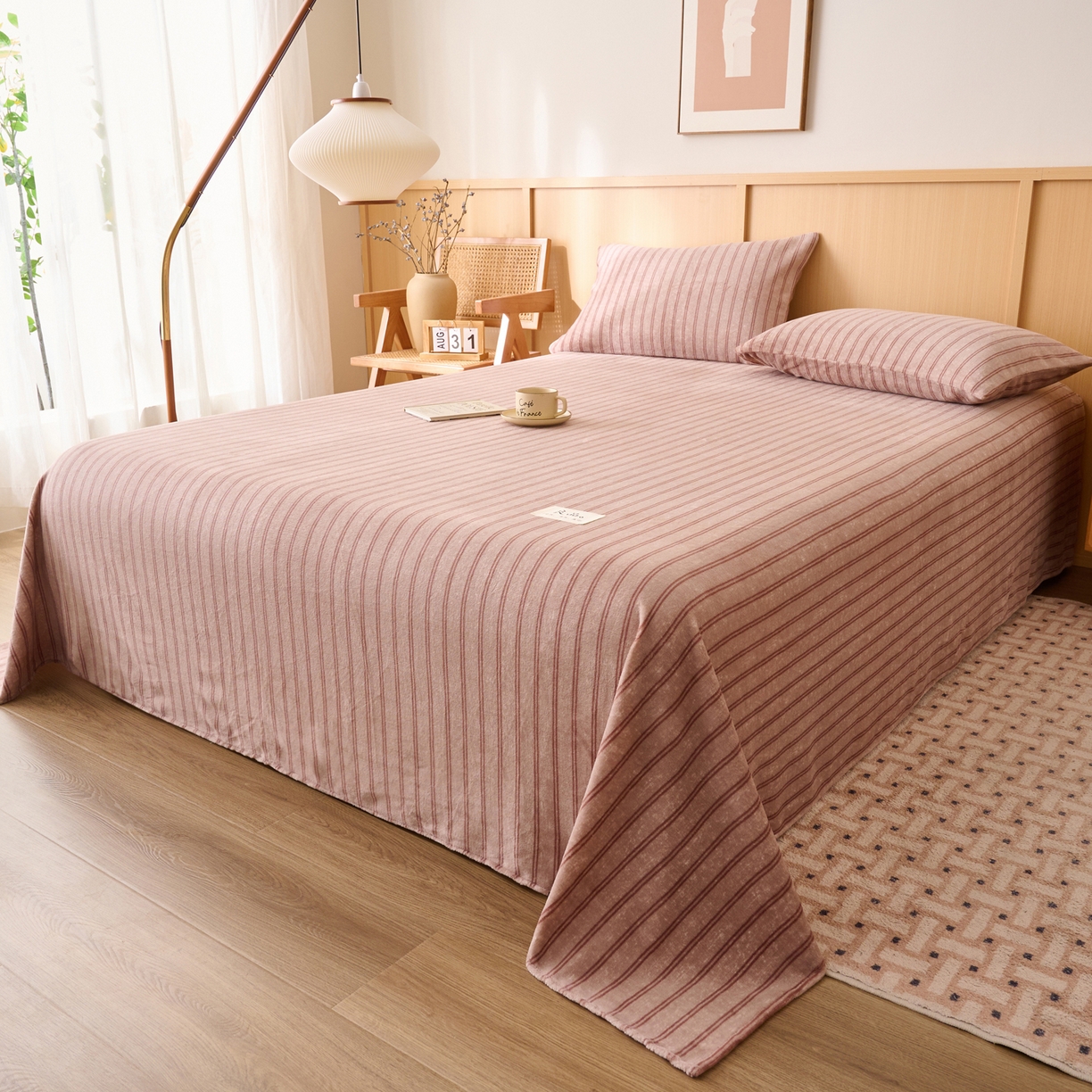 91家纺网 家纺一手货源 找家纺 早晨家纺 2025新款野牧款高克重牛奶绒印花单床单系列 野牧-竖条咖