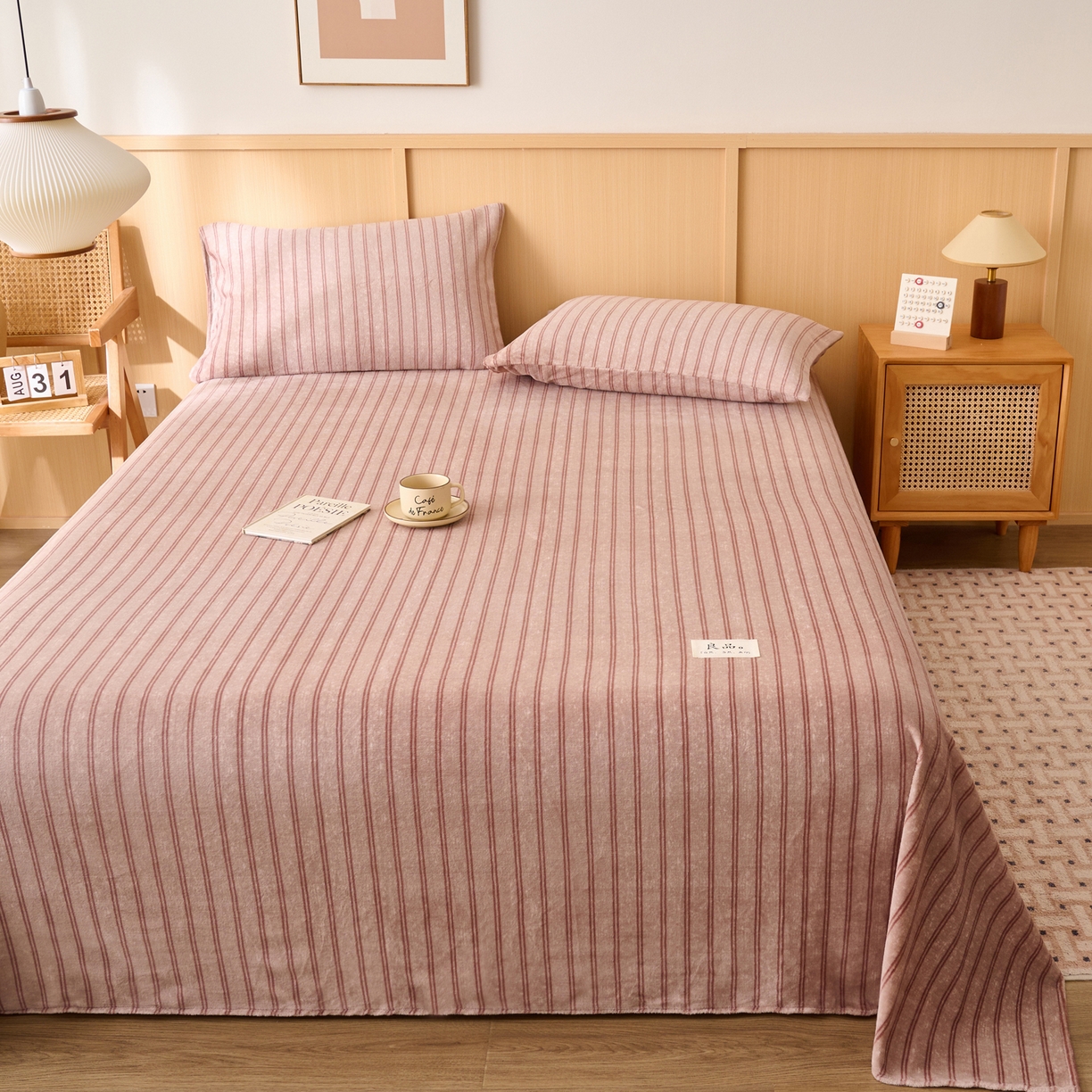 91家纺网 家纺一手货源 找家纺 早晨家纺 2025新款野牧款高克重牛奶绒印花单床单系列 野牧-竖条咖