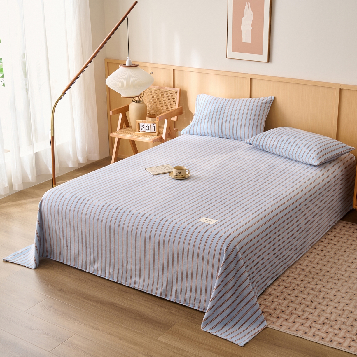 91家纺网 家纺一手货源 找家纺 早晨家纺 2025新款野牧款高克重牛奶绒印花单床单系列 野牧-竖条蓝