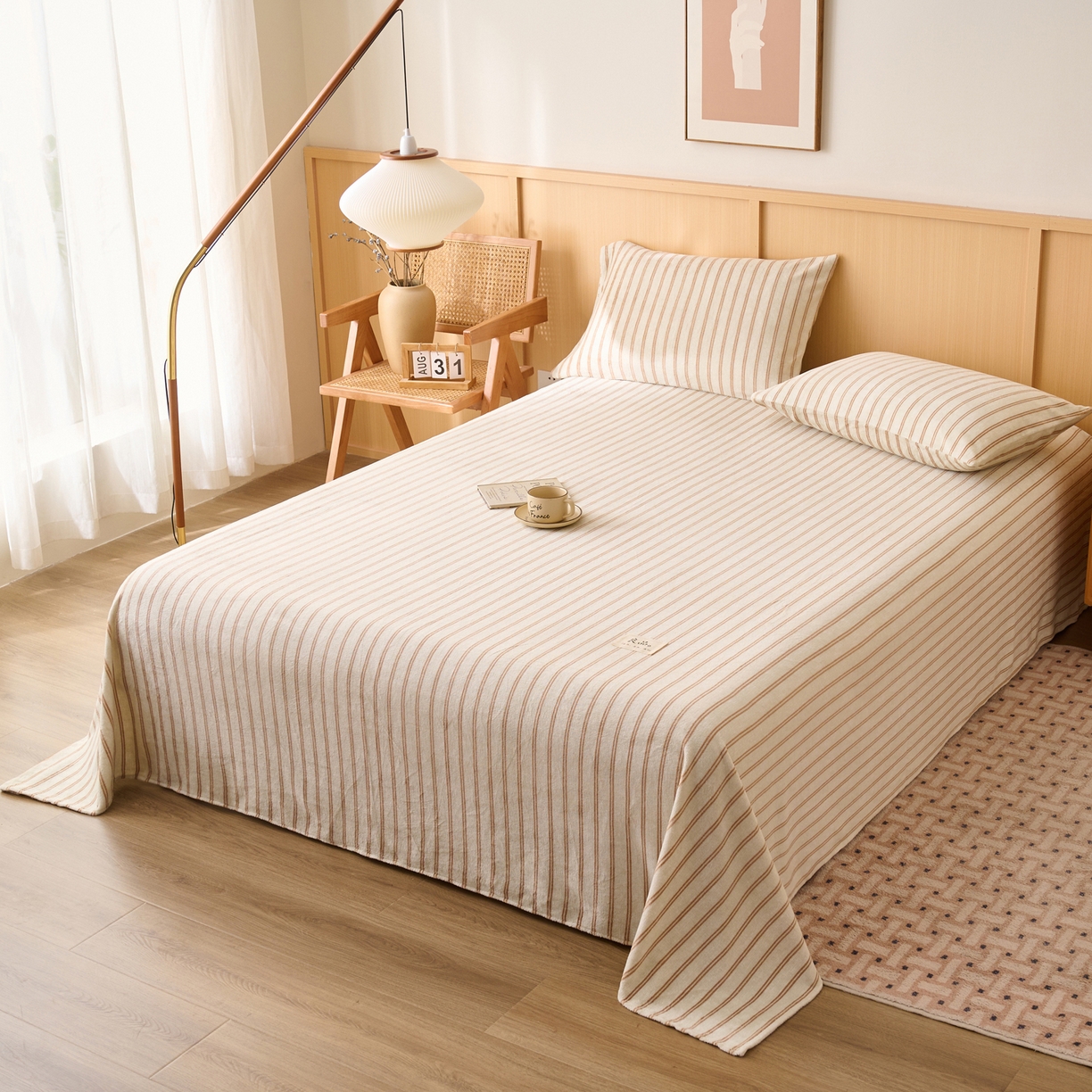 91家纺网 家纺一手货源 找家纺 早晨家纺 2025新款野牧款高克重牛奶绒印花单床单系列 野牧-竖条驼