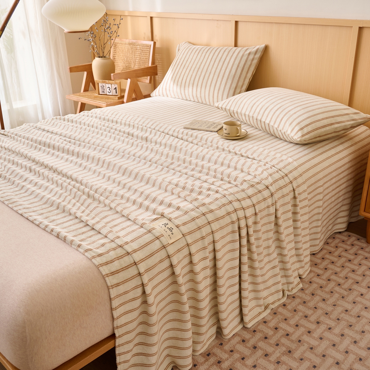 91家纺网 家纺一手货源 找家纺 早晨家纺 2025新款野牧款高克重牛奶绒印花单床单系列 野牧-竖条驼