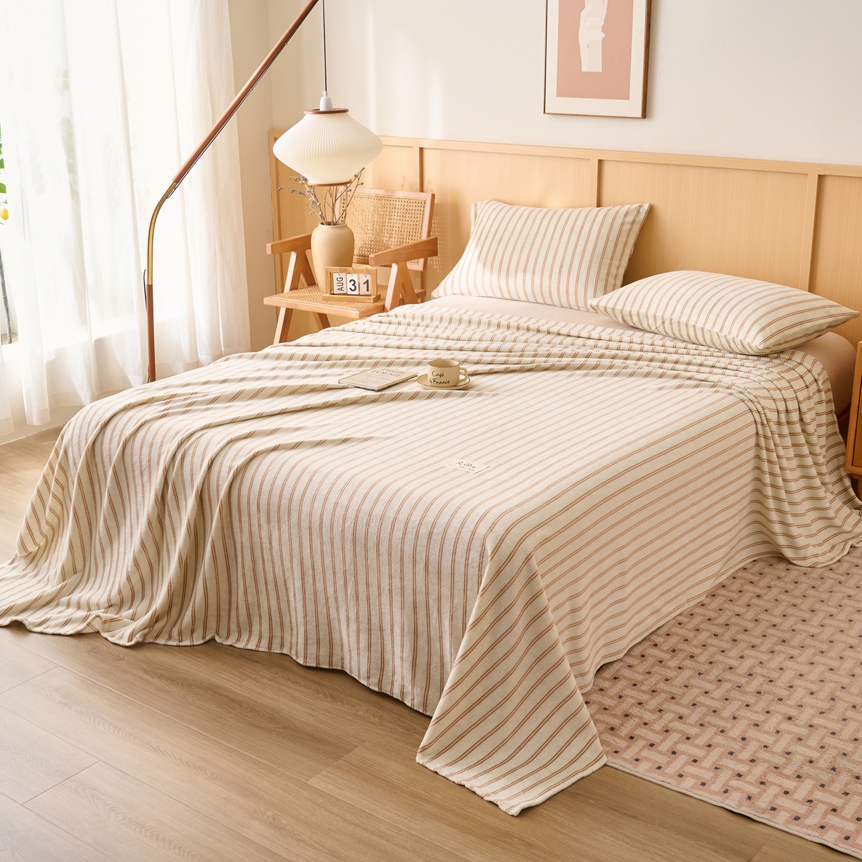 91家纺网 家纺一手货源 找家纺 早晨家纺 2025新款野牧款高克重牛奶绒印花单床单系列 野牧-竖条驼