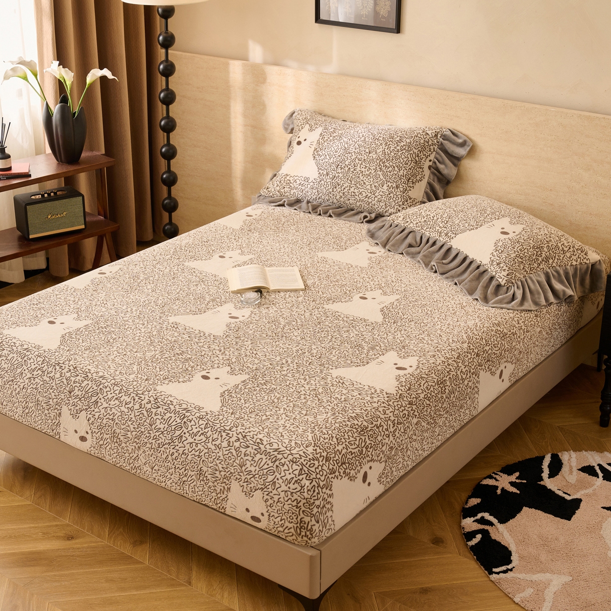 91家纺网 家纺一手货源 找家纺 早晨家纺 2025新款高克重牛奶绒烂花单床笠 萌喵漫庭