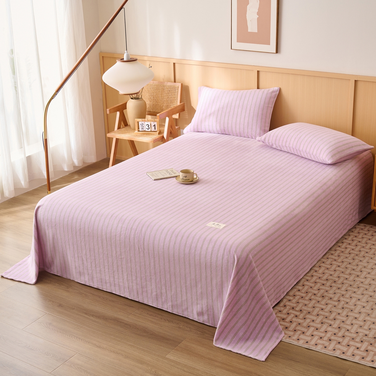 91家纺网 家纺一手货源 找家纺 早晨家纺 2025新款野牧款高克重牛奶绒印花单床单系列 野牧-竖条紫粉