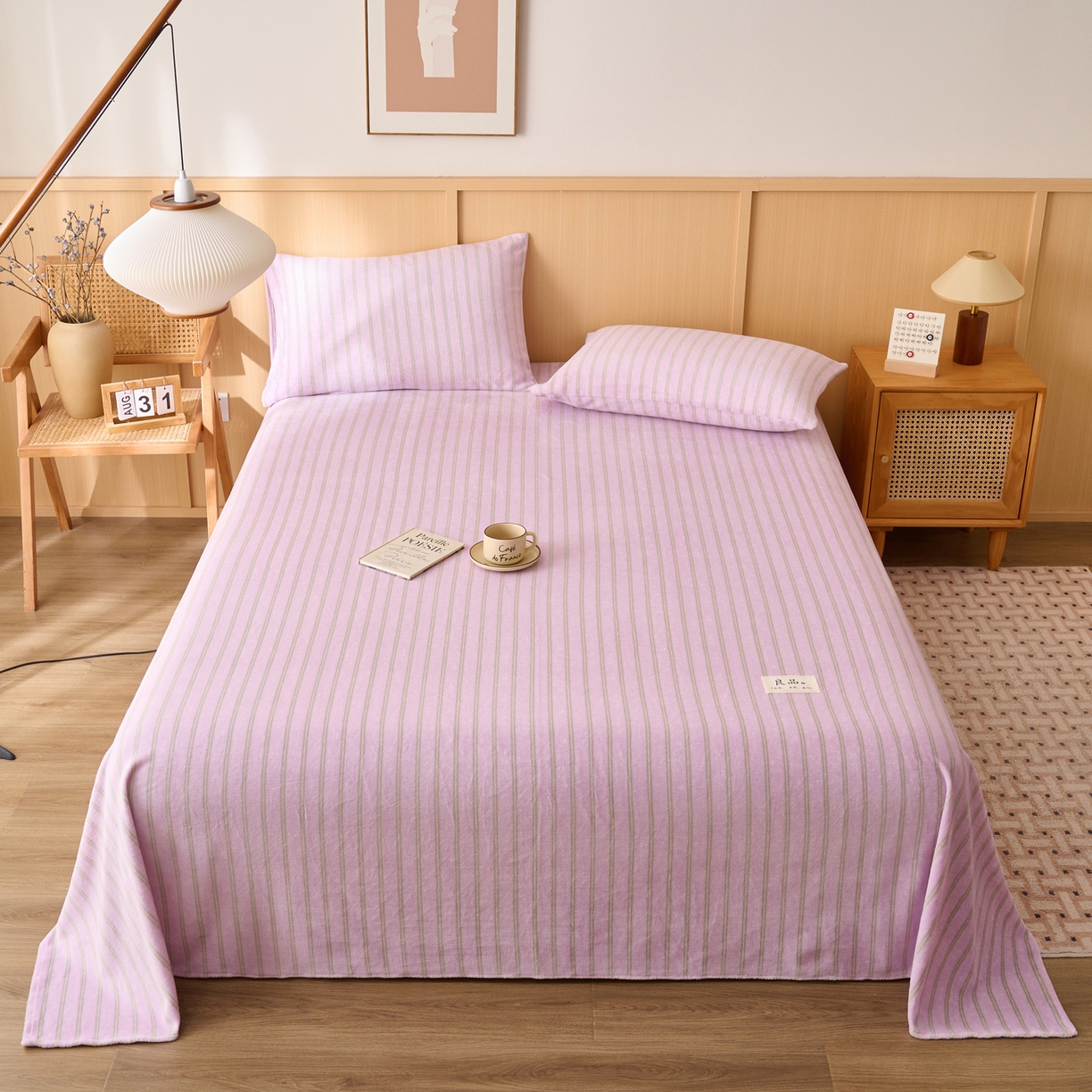 91家纺网 家纺一手货源 找家纺 早晨家纺 2025新款野牧款高克重牛奶绒印花单床单系列 野牧-竖条紫粉