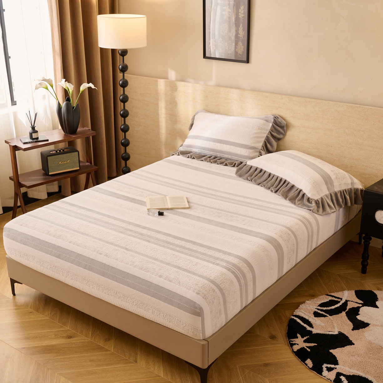 91家纺网 家纺一手货源 找家纺 早晨家纺 2025新款高克重牛奶绒烂花单床笠 浅叙