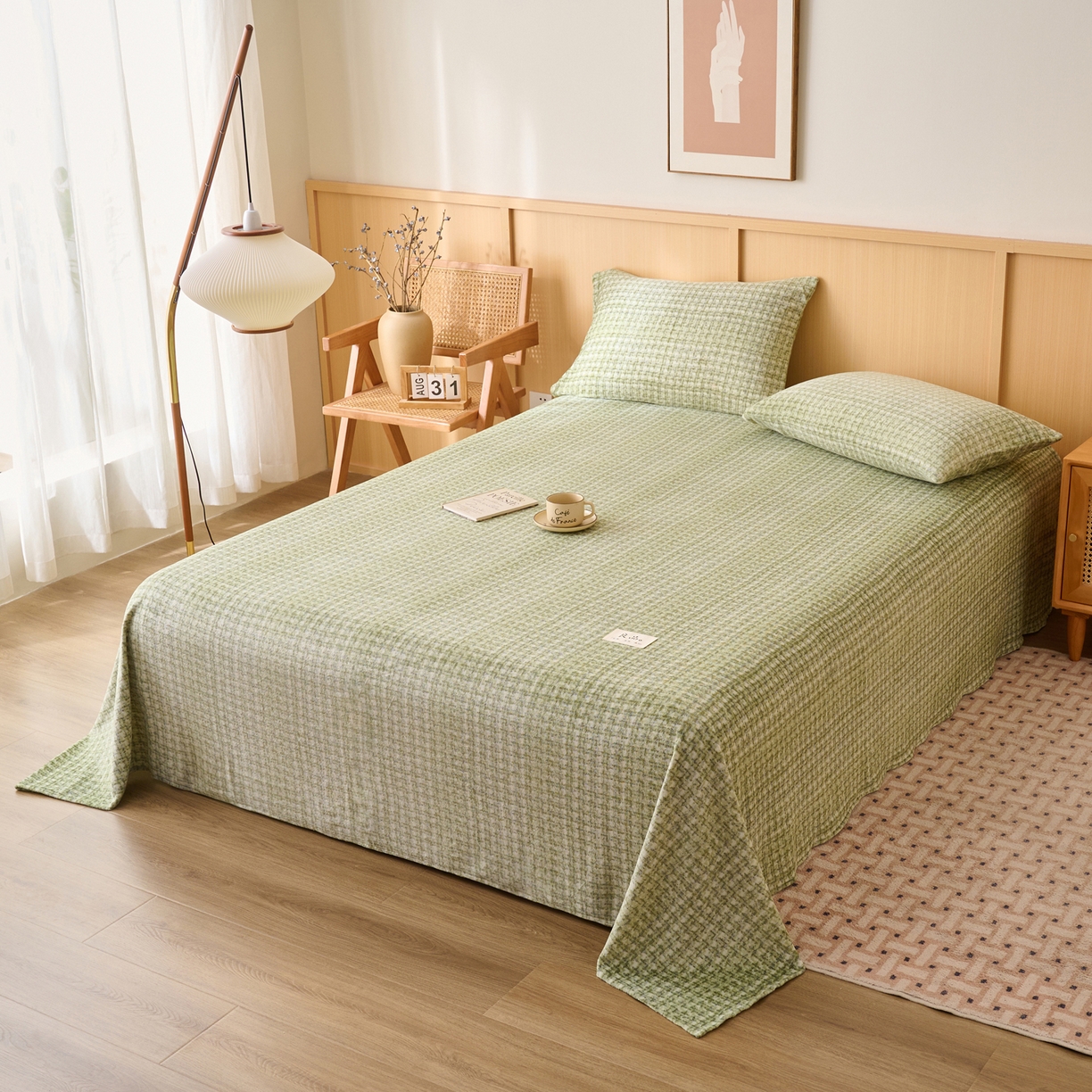 91家纺网 家纺一手货源 找家纺 早晨家纺 2025新款野牧款高克重牛奶绒印花单床单系列 野牧-香风绿