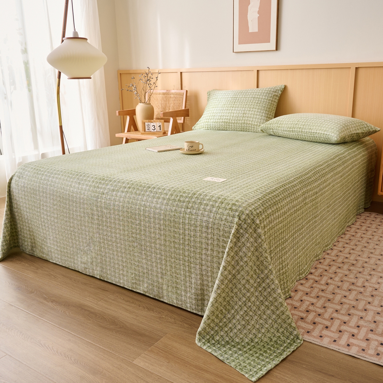 91家纺网 家纺一手货源 找家纺 早晨家纺 2025新款野牧款高克重牛奶绒印花单床单系列 野牧-香风绿