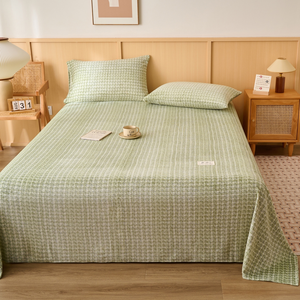 91家纺网 家纺一手货源 找家纺 早晨家纺 2025新款野牧款高克重牛奶绒印花单床单系列 野牧-香风绿