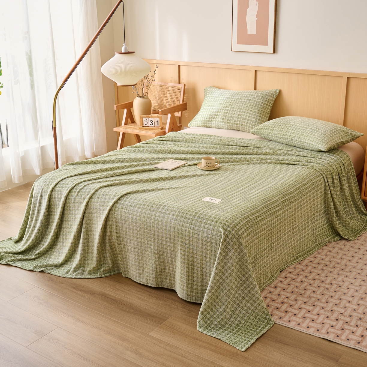 91家纺网 家纺一手货源 找家纺 早晨家纺 2025新款野牧款高克重牛奶绒印花单床单系列 野牧-香风绿