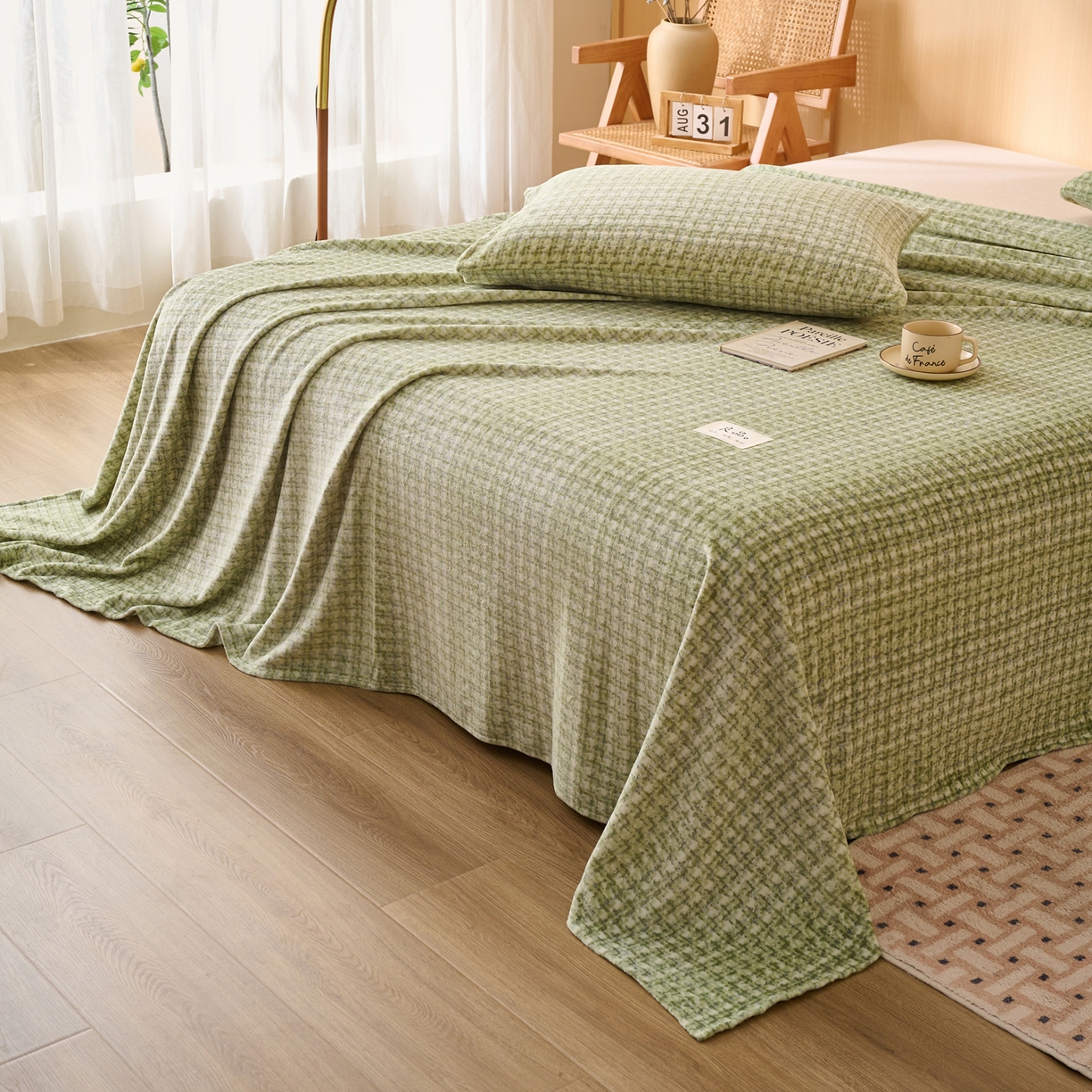 91家纺网 家纺一手货源 找家纺 早晨家纺 2025新款野牧款高克重牛奶绒印花单床单系列 野牧-香风绿