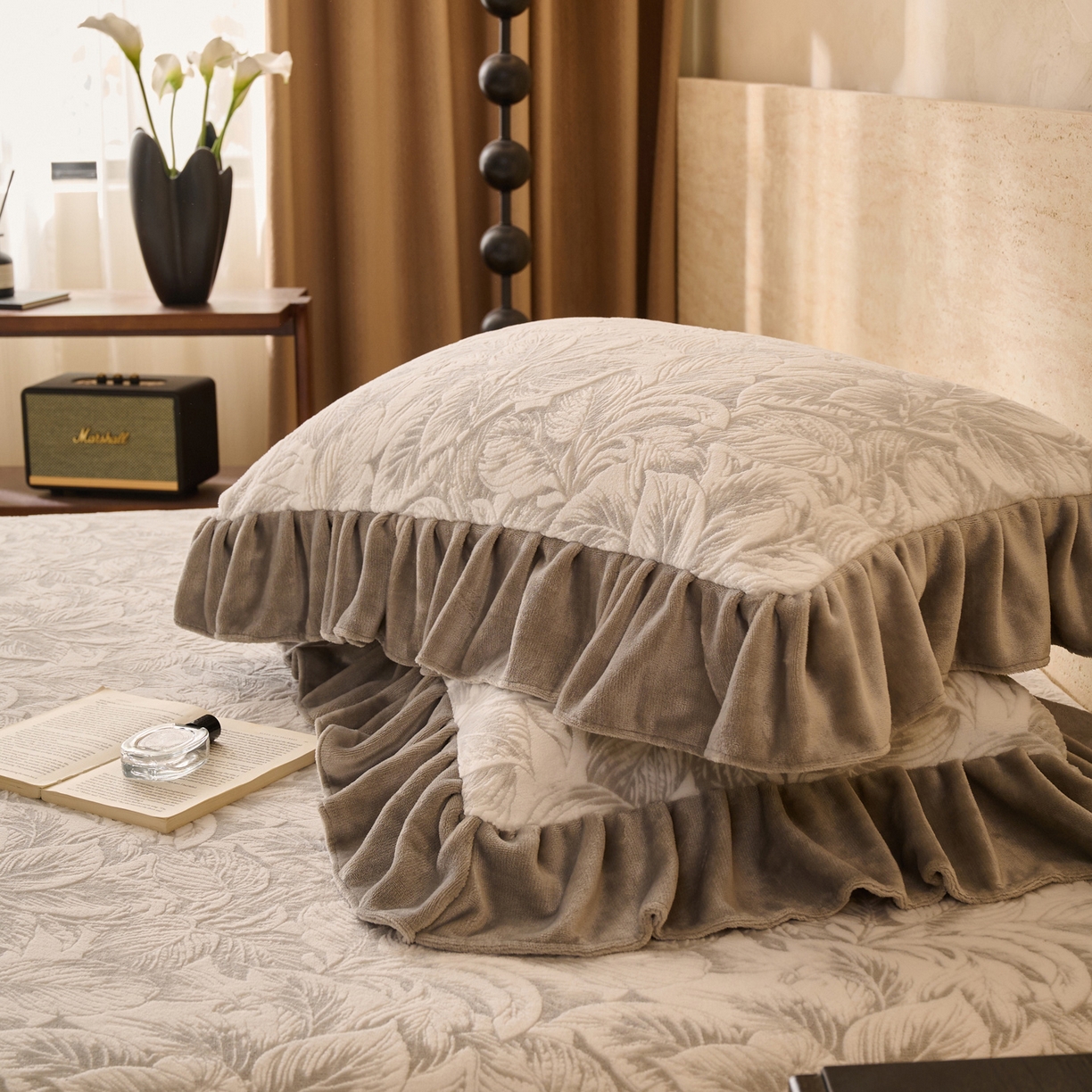 91家纺网 家纺一手货源 找家纺 早晨家纺 2025新款高克重牛奶绒烂花单床笠 叶素