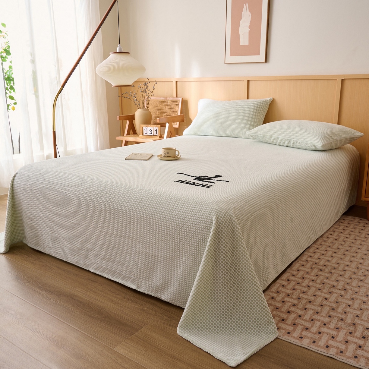 91家纺网 家纺一手货源 找家纺 早晨家纺 2025新款深蓝款高克重牛奶绒阳离子提花单床单系列 深蓝-绿