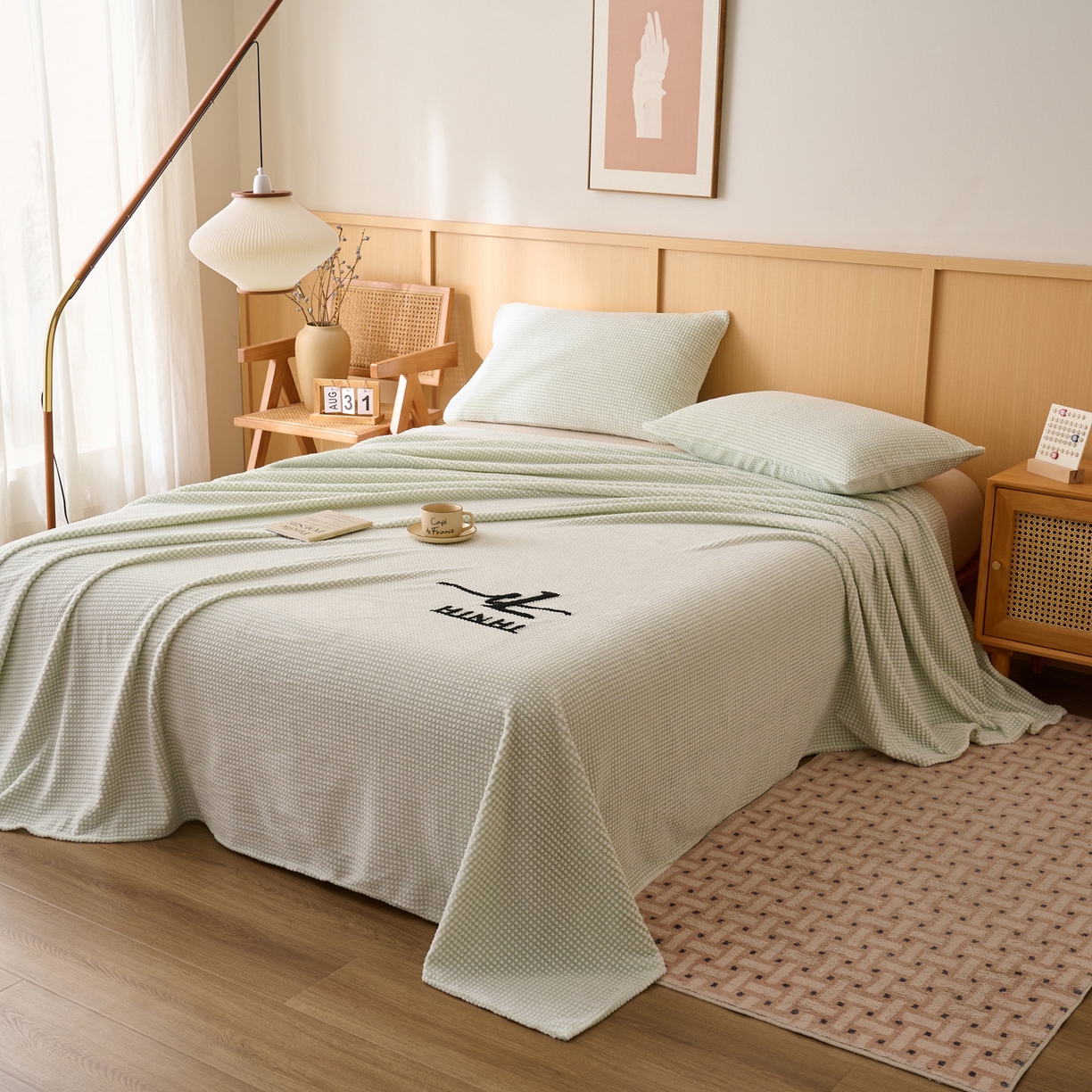 91家纺网 家纺一手货源 找家纺 早晨家纺 2025新款深蓝款高克重牛奶绒阳离子提花单床单系列 深蓝-绿