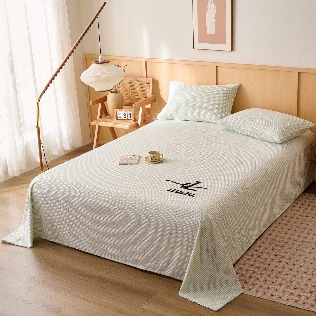 91家纺网 家纺一手货源 找家纺 早晨家纺 2025新款深蓝款高克重牛奶绒阳离子提花单床单系列 深蓝-绿