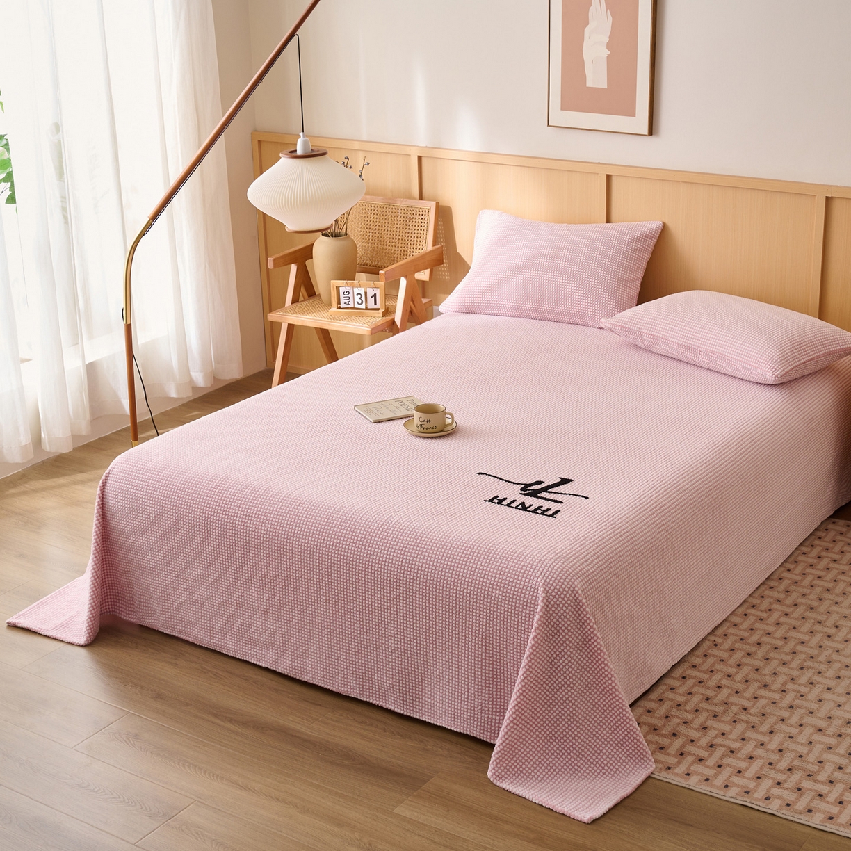 91家纺网 家纺一手货源 找家纺 早晨家纺 2025新款深蓝款高克重牛奶绒阳离子提花单床单系列 深蓝-豆沙