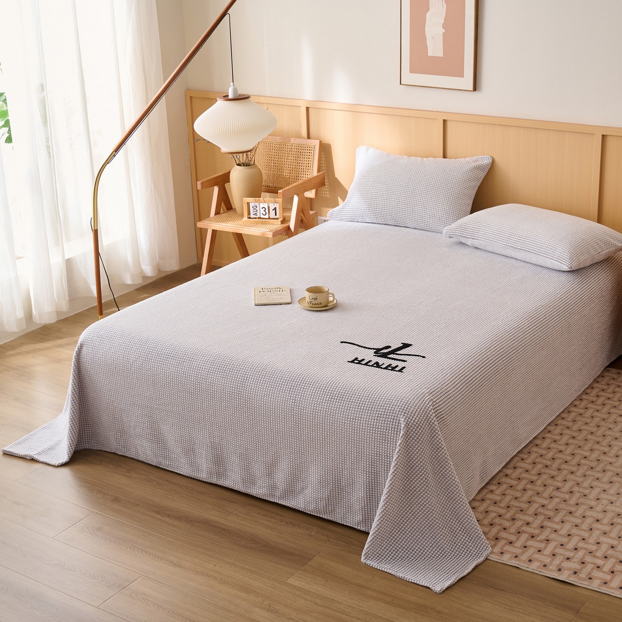 91家纺网 家纺一手货源 找家纺 早晨家纺 2025新款深蓝款高克重牛奶绒阳离子提花单床单系列 深蓝-灰