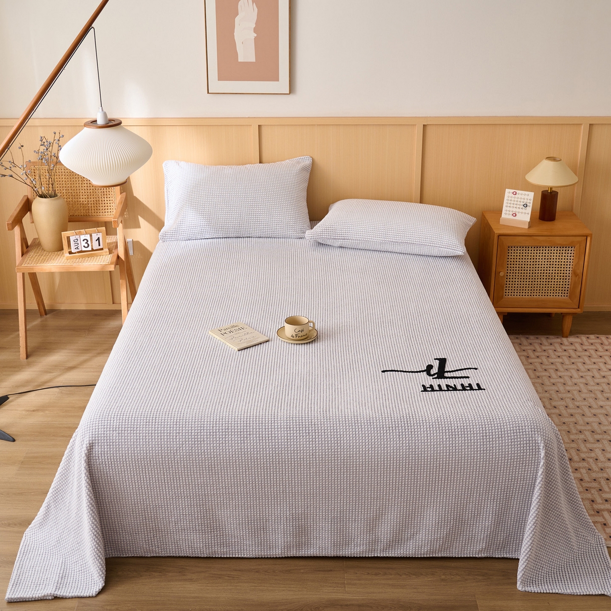 91家纺网 家纺一手货源 找家纺 早晨家纺 2025新款深蓝款高克重牛奶绒阳离子提花单床单系列 深蓝-灰