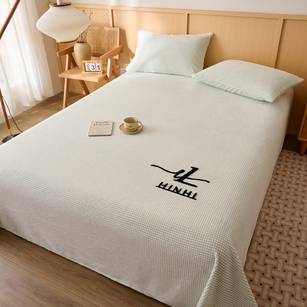 91家纺网 家纺一手货源 找家纺 早晨家纺 2025新款深蓝款高克重牛奶绒阳离子提花单床单系列 深蓝-绿