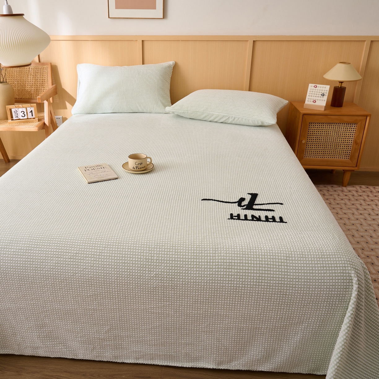 91家纺网 家纺一手货源 找家纺 早晨家纺 2025新款深蓝款高克重牛奶绒阳离子提花单床单系列 深蓝-绿