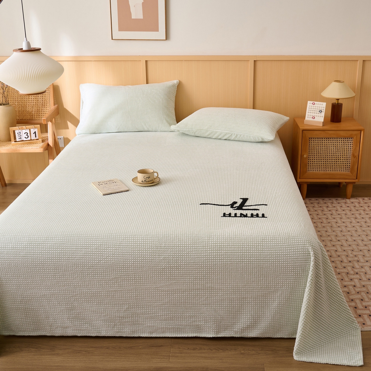 91家纺网 家纺一手货源 找家纺 早晨家纺 2025新款深蓝款高克重牛奶绒阳离子提花单床单系列 深蓝-绿