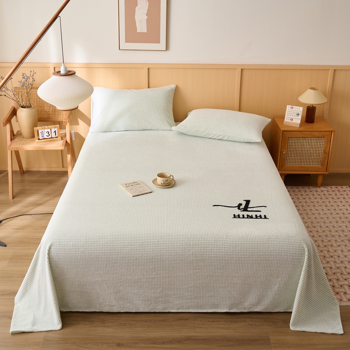 91家纺网 家纺一手货源 找家纺 早晨家纺 2025新款深蓝款高克重牛奶绒阳离子提花单床单系列 深蓝-绿