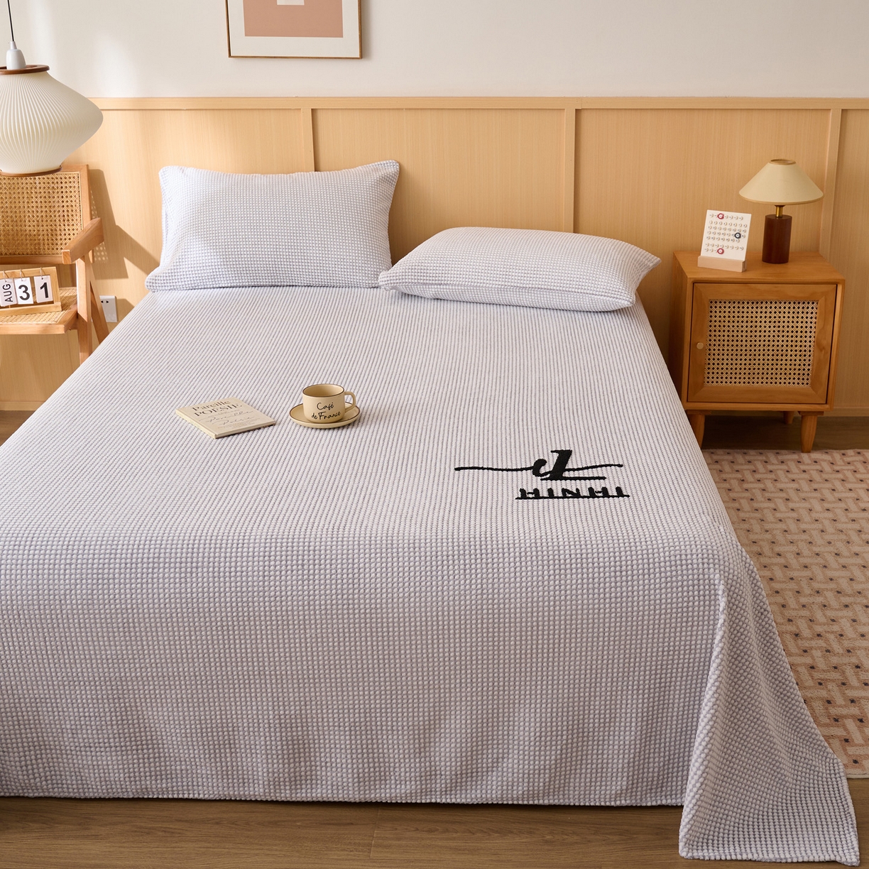 91家纺网 家纺一手货源 找家纺 早晨家纺 2025新款深蓝款高克重牛奶绒阳离子提花单床单系列 深蓝-灰