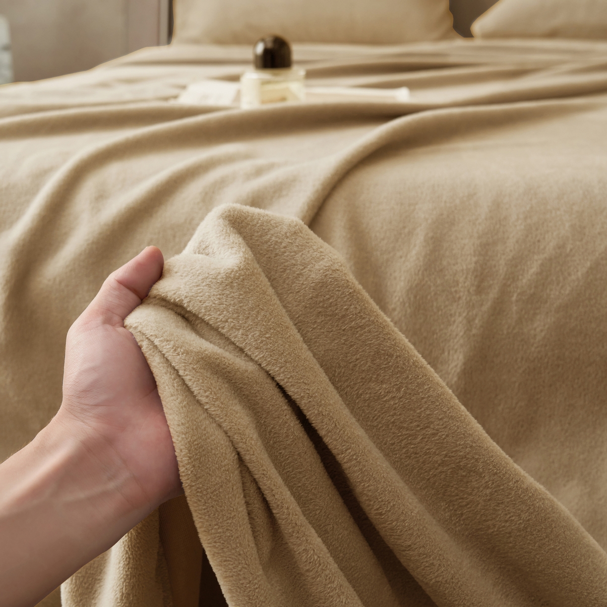 91家纺网 家纺一手货源 找家纺 早晨家纺 2025新款牛奶绒纯色毛巾绣暖绒床单 时尚-米驼