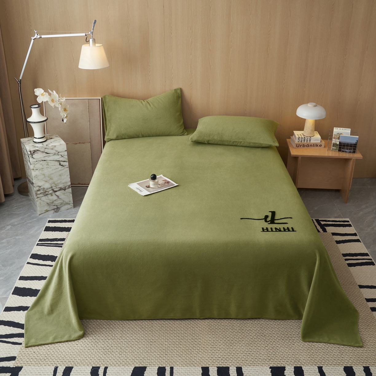 早晨家纺 2025新款牛奶绒纯色毛巾绣暖绒床单 时尚-橄榄绿