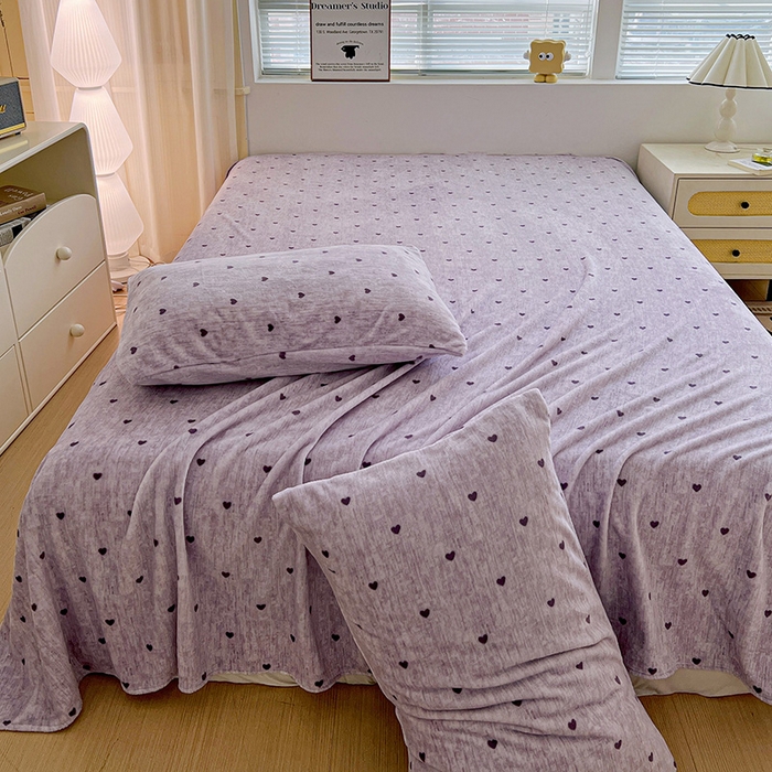 91家纺网 家纺一手货源 找家纺 名品家纺 2025新款新款加厚牛奶绒床单牛奶绒-爱心紫