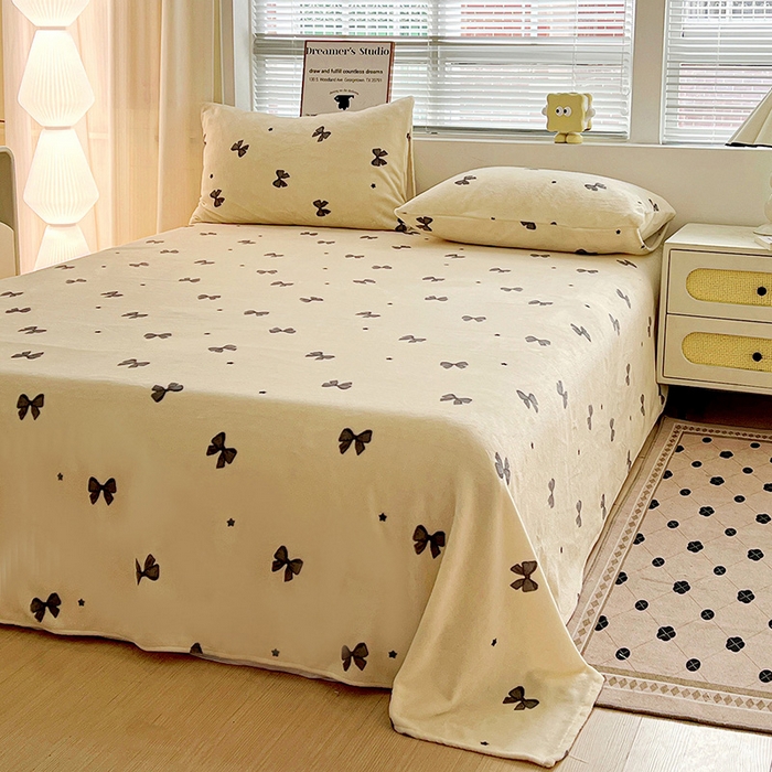 91家纺网 家纺一手货源 找家纺 名品家纺 2025新款新款加厚牛奶绒床单牛奶绒-蝴蝶结灰